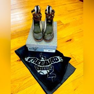 Classy study heels. Brand Freebird by Steven, style Randi. Blue Multi Snake